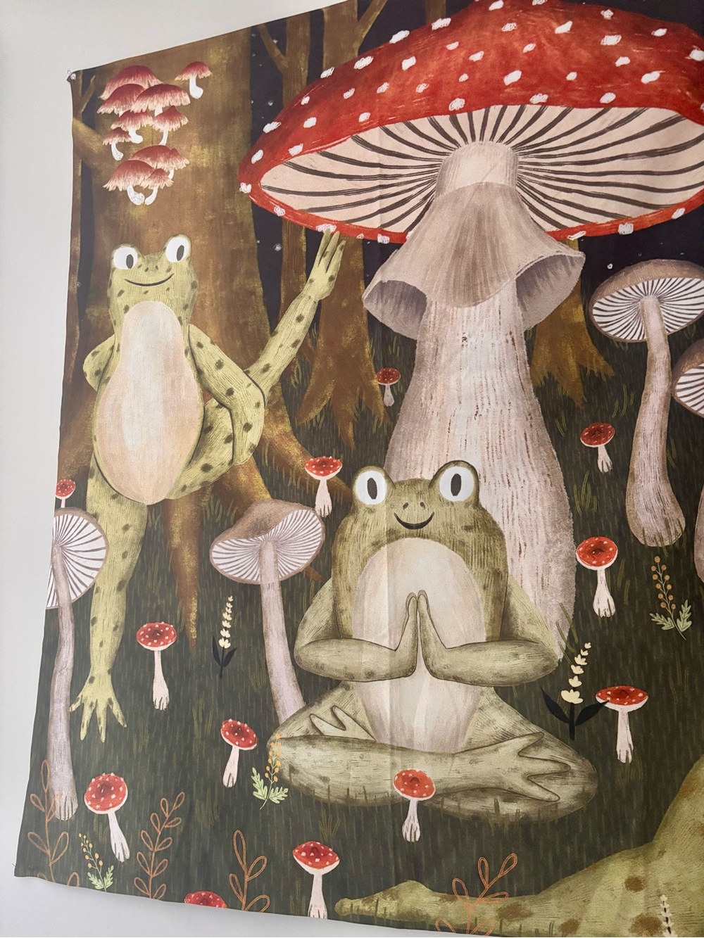 Green Frog & Red Mushroom Tapestry - Whimsical wall art! 🍄